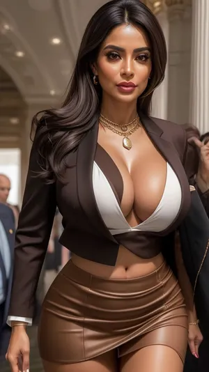 closeup on her chest, high angle, dynamic view, Ultra realistic, realistic skin details, soft smooth skin, 25 yo. politician, mature latina, professional and authoritative, brown skin, eye liner, walking in a capital building, huge boobs, cleavage, wearing a skirt suit, tailored blazer and matching knee length skirt, thin blouse, white hair with highlights, looking away, averted gaze, jewelry, slight belly, ((fully dressed:1.3)), clothes, dark, skin, braless, Wearing, that, make, sense, with, Braless>