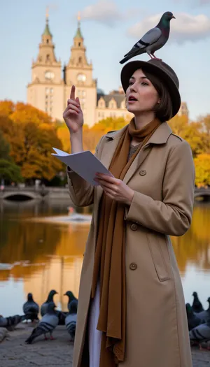 A upper body portrait of an eccentric poetess, (she reciting poetry with expressive gestures:1.4), in Central Park, New York, surrounded by a flock of pigeons, a bird sitting on her head, wearing layered trench coat and hat. The Plaza Hotel reflects in the pond, Gapstow Bridge, autumn trees and golden leaves on the background. The atmosphere is sunset-lit, cinematic. High detail, warm toned