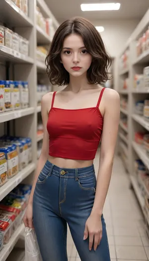 a French woman with fair skin and brown, short wavy hair, standing in a shopping aisle. She has brown eyes, thin eyebrows, and a small mole on her left cheek. She is wearing a tight, sheer red crop top, and blue jeans that accentuate her slim, petite figure and small breasts. She stands in a three-quarter profile, looking directly at the camera with a neutral expression. The background shows shelves filled with various shopping products.