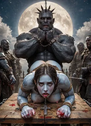 female drow elf barbarian, (blue skin:1.82), tall, angry, busty, curvy, thin waist, big boobs, big butt, slim, fit, vitiligo, strong, fur pelt armor, dungeons and dragons, purplish blue skin, black and purple hair, Dark, Elf, Warrior, Drow, tattooed, scarred, purple eyes, blue skin, amazon, giant, fur barbarian armor, bloody, blood spatter, bear, bear heart, (in a bloody filed after a battle, white full moon in the sky:1.4), (man is choking her from behind:1.4), ((hogtied, bound with large chains, crucified to a torture table, spikes through hands:1.3)), (torture:1.128), (large sharp sword in anus:1.12), cock in mouth, (brutal face fuck), Blowjob, (tears in eyes:1.5), (running makeup), (cum drips from nose:1.3), (cum drips from mouth:1.3), ultra hd, photorealistic, hyper gigantic large black cock in mouth, (((hyper gigantic large black cock in mouth:1.3))), oral cream pie, hair grab, sad crying, tongue out, gasping for air, zavy-brbrn, gangbang, double anal penetration, anal spitroast, groupsex, deepthroat, (4 gigantic African black brute thug, huge trunklike arms, huge head, hyper muscular body, dressed in slave clothes:1.32), ((hogtied, bound for sex, tied up)), (((hyper gigantic large white cock in mouth:1.3))), (pulled nipples:1.2), nipple clamps, (((spitroast))), (((hyper large cock in mouth:1.3))), screaming, shocked, deep anal penetration, Uber realistic, 8k, ultra detailed, masterpiece, arched back, detailxl, 35mm photograph, film, professional, 4k, 1girl, 5 boys, hdr, photographic, ultra realistic, ultra high details, back light, (front view), (dynamic pose), best quality, incredibly lean body, anal sex, with large muscular black men, gargantuan black cocks, large hyper muscular fat old men, (double anal sex), swollen white veiny cocks, (double anal penetration), hardcore double penetration, proper physics, big white cocks, muscular white double anal gangbang, (forceful penetrations), extremely graphic, shocked expression, beautiful hands, defeating a woman in combat, fighting, killing, blood, winning fight, magazine cover, Realism_Quality_2xx_By_Stable_Yogi, score_9, score_8_up, score_7_up, (((very pretty face:1.3))), (((extremely ultra detailed face:1.3))), perfect fingers and hands, upper body view, (extreme size difference:1.6), (ultra realistic), (maximum quality), (high resolution), (extreme detail), (ultra realism), UHD, super high quality, highly detailed, high resolution, perfect lighting, natural lighting, (dynamic angle), (random angle), (random pose), (dynamic view), (random view), golden hour, rich details, nature-inspired color palette, <lora:Dark_Elf_Warrior:2>, <lora:Drow:2>, <lora:339100_training_data:2>, <lora:zavy-brbrn-sdxl:2>, <lora:LCMTurboMix_Euler_A_fix:2>