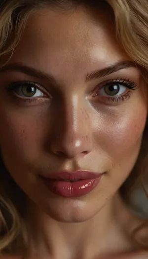 ziprealism, (full sensual lips, moist lips, glossy lips:1.4), (sensual suggestive smirk, adorable dimples, playful expression, heartbreaking beauty:1.6), (avant-garde experimental photography, dramatic lighting), (sharp focus on eyes, face closeup), (intense natural backlight, light bloom, shallow depth of field, soft bokeh, layered composition with subtle foreground), (goosebumps, vellus hairs, subsurface scattering, freckles, sharp contrasting limbal rings:.4), (natural skin texture, maximum quality skin texture), <lora:style_lora_realis:.8>