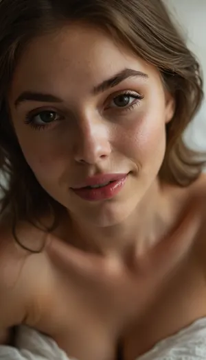 ziprealism, (full sensual lips, moist lips, glossy lips:1.4), (sensual suggestive smirk, adorable dimples, playful expression, heartbreaking beauty, raised eyebrow:1.6), (intimate avant-garde experimental photography, dramatic lighting), (sharp focus on eyes, loose closeup, low angle), (soft romantic lighting, light bloom, shallow depth of field, soft bokeh, layered composition with subtle foreground, soft vignette, vintage analog lens), (goosebumps, vellus hairs, subsurface scattering, freckles, sharp contrasting limbal rings:.4), (natural skin texture, maximum quality skin texture), (intimate seduction, pale breasts, pale nipples:1.4), (cozy bedroom scene), <lora:style_lora_realis:.8>