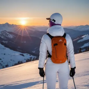 On top of the highest mountain background, (twilight sun:1.7), woman alone, 35 years old woman from behind, woman on the left of the picture, standing position, (black mountain boots, white ski pants, white ski jacket, mountain gloves), mountain hat, polarized mountain sunglasses, orange mountain backpack, view of a valley, sharp mountain in the distance, snow-capped mountains