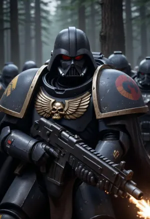 Darth Vader in a black space marine's power armor on the battlefield, fighting against Wookiee in the Star Wars forest, Knight, black colourful armor, black hooded cloak, holding, bolter, power, primaris, helmet, with defeated Wookiees in the background, <lora:primaris_marine-knight_armor-000007:.8>