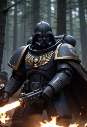 Darth Vader in a black space marine's power armor on the battlefield, fighting against Wookiee in the Star Wars forest, Knight, black colourful armor, black hooded cloak, holding, bolter, power, primaris, helmet, defeated Wookiees in the background, <lora:primaris_marine-knight_armor-000007:.8>