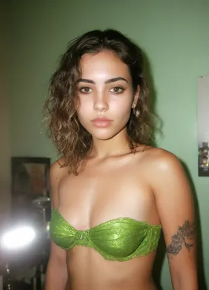 (casual photo flash), motion blur, (slightly overexposed:2), (nighttime), (no ambient light), (single harsh flash from the camera), (overexposed flash highlights subject), (sharp shadows behind and around her), (noise in all darker areas), (wet surfaces reflecting small highlights), (flat lighting due to direct flash), (cool white balance:1.3), (green and yellow-tinted shadows from digital camera sensor), (fluorescent-like artificial lighting tint), (background remains visible due to flash, but lacks blur or depth), (backrooms environment:2), (scene "Myspace"), (2000s), (90s digital aesthetic), (flat chested), (low quality photo), (old camera), (flash photo), (gritty), (realistic environment), (analogic style), (film grain), (low contrast), (unfiltered), (jpeg artifacts), (unedited), (cellphone photography), (no ambient lighting), (lights off), (Polaroid flash camera), (cool indoor lighting), (direct flash photography), (overexposed flash), (strong shadows), (sharp shadows), (low contrast:2), (noise in dark areas), (shiny reflection on surfaces), (sharp background), (background in focus), (no background blur), (clear background details), (fluorescent lighting tint), (green and yellow-tinted shadows), (artificial lighting with green and yellow hue), (tattoos), (optional), (Myspace), (picture), (bad quality), (old digital camera), (raw), (light leak), (low res), (low quality), (90s style), (80s), (analogic), (1990s), ((high angle:1.6)), Ultra definition image, extremely big breast, latina girl, square-ish head, shaved pussy, grab brown pussy, Mexican, 19 years old, very deep dimple on cheeks, Hispanic Social media babe in her room being sexy, ig baddie, she's completely naked, no clothing, short platinum blonde hair with curls, puffy, brown nipples, dark, ghost, wide, polaroid, film, photography, longnightout, <lora:detailed_notrigger:1>, <lora:MJ52:.8>, <lora:Nipples XL:.8>, <lora:Polaroidv2:1>, <lora:late night out_epoch_12:.8>