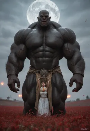 (in a bloody field at midnight after a battle, white full moon in the sky:1.4), (gigantic African black brute thug, huge trunklike arms, huge head, hyper muscular body, dressed in elf slave clothes:1.12)