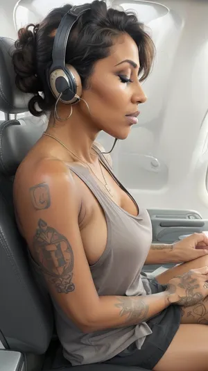 Attractive Milf, high definition, masterpiece, in a row seat of airlines flight, wears a tank top, random ethnicity, (skirt pulled up), pussy expose, seats, airplane chair, ((leans back on backrest, (((sleeping))), fast asleep, wallowed, hanging arms belong body, open mouth, drooling, head to the side on backrest)), lbbias, out, mature, huge lips, 40 yo, random skin color, wrinkles, skin pores, skin imperfections, ((side view with top angle:1.6), afar), random hairstyles, perfect hands, headphones, neck support for air travel, mascara, eyeliner, tattoo on sternum, black thighs fishnets, thin legs apart, stiletto heel, earrings, ((tatoos)), necklace, wirtsband, (naturals east west sagging breasts:1.1), underneath, perky nipples underneath, (wears ample loose-fitting sleeveless tank:1.2), areolas n borders, downblouse, (areolas size:1.6), areolas real texture, (sideboobs:1.3), intricated detail, veiny breasts, ((huge amount of cum in between breasts, cum on clothes)), stretch, marks, crowded airplane flight, attendant, peoples, private, jet, n, fb, tank, top, shirt, low-cut, chest, cleavage, high-cut, crewneck, extreme, dropped, side, holes, (1boy), (hetero), (upright, straddle), <lora:Tank Top Stringer Shirt SD15 v1.5:1.1>, <lora:AboveBelowView:1>