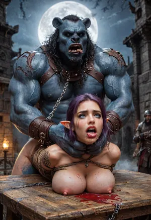 ((female drow elf barbarian, (dark night alabaster blue skin:1.82), tall, angry, busty, curvy, thin waist, big boobs, big butt, slim, fit, vitiligo, strong, fur pelt armor, dungeons and dragons, purplish blue skin, black and purple hair)), Dark, Elf, Warrior, Drow, tattooed, scarred, purple eyes, blue skin, amazon, giant, fur barbarian armor, bloody, blood spatter, bear, bear heart, (in a bloody drow temple after a battle, white full moon in the sky:1.4), (man is choking her from behind:1.4), ((hogtied, bound with large chains, tied to a torture table:1.3)), cock in mouth, (brutal face fuck), Blowjob, (tears in eyes:1.5), (running makeup), (cum drips from nose:1.3), (cum drips from mouth:1.3), ultra hd, photorealistic, hyper gigantic large black cock in mouth, (((hyper gigantic large black cock in mouth:1.3))), oral cream pie, hair grab, sad, sad crying, tongue out, gasping for air, zavy-brbrn, gangbang, double anal penetration, anal spitroast, groupsex, deepthroat, (4 gigantic African black brute thug, huge trunklike arms, huge head, hyper muscular body, dressed in slave clothes:1.2), ((hogtied, bound for sex, tied up)), (((hyper gigantic large white cock in mouth:1.3))), (pulled nipples:1.2), nipple clamps, (((spitroast))), (((hyper large cock in mouth:1.3))), screaming, shocked, deep anal penetration, Uber realistic, 8k, ultra detailed, masterpiece, arched back, detailxl, 35mm photograph, film, professional, 4k, 1girl, 5 boys, hdr, photographic, ultra realistic, ultra high details, back light, (front view), (dynamic pose), best quality, incredibly lean body, anal sex, with large muscular black men, gargantuan black cocks, anal sex expansion, large hyper muscular fat old men, (double anal sex), swollen white veiny cocks, (double anal penetration), hardcore double penetration, proper physics, big white cocks, muscular white double anal gangbang, (forceful penetrations), extremely graphic, shocked expression, beautiful hands, massive cum in ass defeating a woman in combat, fighting, killing, blood, winning fight, magazine cover, Realism_Quality_2xx_By_Stable_Yogi, score_9, score_8_up, score_7_up, (((very pretty face:1.3))), (((extremely ultra detailed face:1.3))), perfect fingers and hands, upper body view, (extreme size difference:1.6), (ultra realistic), (maximum quality), (high resolution), (extreme detail), (ultra realism), UHD, super high quality, highly detailed, high resolution, perfect lighting, natural lighting, (dynamic angle), (random angle), (random pose), (dynamic view), (random view), volumetric lighting, golden hour lighting, dramatic shadows, rich details, nature-inspired color palette, <lora:Dark_Elf_Warrior:2>, <lora:Drow:2>, <lora:339100_training_data:2>, <lora:zavy-brbrn-sdxl:2>, <lora:LCMTurboMix_Euler_A_fix:2>
