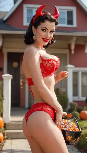 (single drawn female:1.3), (illustration:1.8), (hand drawn:1.7), (retro 1950s magazine pinup illustration style:1.5), 1950s, on Halloween a gorgeous mom stands in front of her house holding a bowl filled with candy for trick-or-treaters, (in front of an illustrated suburban house decorated for Halloween in the 1950s:1.4), close view, sharp image, 45 years old, 1950s hairdo and makeup, sexy, beautiful, (wearing lacy thin red lingerie with costume devil horn and tail), (cleavage, semitransparent, showing leg), pokies, (holding a candy bowl), big sexy smile, eye contact, lipstick, long eyelashes, mascara, eyeliner, earrings, lots of freckles, huge huge breasts, wedding ring, incredibly enormous wide areolae, big puffy erect nipples, view from waist up, bendaydots, retro, comic, pop, art, longnips, <lora:MJ52:2>, <lora:268086_training_data:1.2>, <lora:longnipsxl:.8>, <lora:add-detail-xl:2>