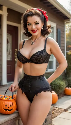 (single drawn female:1.3), (illustration:1.8), (hand drawn:1.7), (retro 1950s magazine pinup illustration style:1.5), 1950s, on Halloween a gorgeous seductive mom stands in front of her house holding a bowl filled with candy for trick-or-treaters, (in front of an illustrated suburban house decorated for Halloween in the 1950s:1.4), close view, sharp image, 45 years old, 1950s hairdo and makeup, sexy, beautiful, (wearing a revealing sexy pirate costume), (cleavage, semitransparent, showing leg), pokies, (holding a candy bowl), big sexy smile, eye contact, lipstick, long eyelashes, mascara, eyeliner, earrings, lots of freckles, huge huge breasts, wedding ring, incredibly enormous wide areolae, big puffy erect nipples, view from waist up, bendaydots, retro, comic, pop, art, longnips, <lora:MJ52:2>, <lora:268086_training_data:1.2>, <lora:longnipsxl:.8>, <lora:add-detail-xl:2>