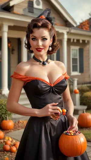 (single drawn female:1.3), (illustration:1.8), (hand drawn:1.7), (retro 1950s magazine illustration style:1.5), (no text), 1950s, on Halloween a gorgeous mom stands in front of her house holding a bowl filled with candy for trick-or-treaters, (in front of an illustrated suburban house decorated for Halloween in the 1950s:1.4), close view, sharp image, 45 years old, 1950s hairdo and makeup, beautiful, (wearing a scandalously sexy witch costume with cleavage), (cleavage, semitransparent, showing leg), (holding a candy bowl), big sexy smile, eye contact, lipstick, long eyelashes, mascara, eyeliner, earrings, lots of freckles, huge huge breasts, incredibly enormous wide areolae, big puffy erect nipples, view from waist up, bendaydots, retro, comic, pop, art, longnips, <lora:MJ52:2>, <lora:268086_training_data:1.2>, <lora:longnipsxl:.8>, <lora:add-detail-xl:2>