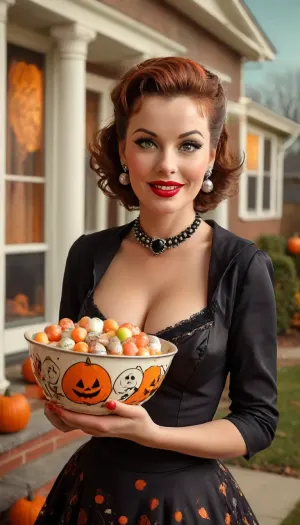 (single drawn female:1.3), (illustration:1.8), (hand drawn:1.7), (retro 1950s magazine illustration style:1.5), (no text), 1950s, on Halloween a gorgeous mom stands in front of her house holding a bowl filled with candy for trick-or-treaters, (in front of an illustrated suburban house decorated for Halloween in the 1950s:1.4), close view, sharp image, 45 years old, 1950s hairdo and makeup, beautiful, (wearing a scandalously sexy with costume with cleavage), (holding a candy bowl), big sexy smile, eye contact, lipstick, long eyelashes, mascara, eyeliner, earrings, lots of freckles, huge huge breasts, incredibly enormous wide areolae, big puffy erect nipples, view from waist up, bendaydots, retro, comic, pop, art, longnips, <lora:MJ52:2>, <lora:268086_training_data:1.2>, <lora:longnipsxl:.8>, <lora:add-detail-xl:2>