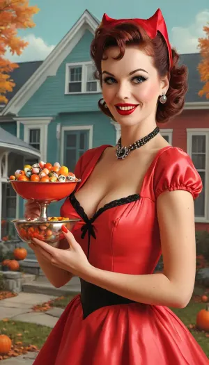 (single drawn female:1.3), (illustration:1.8), (hand drawn:1.7), (retro 1950s magazine illustration style:1.5), (no text), 1950s, on Halloween a gorgeous mom stands in front of her house holding a bowl filled with candy for trick-or-treaters, (in front of an illustrated suburban house decorated for Halloween in the 1950s:1.4), close view, sharp image, (bold colors:1.4), 45 years old, 1950s hairdo and makeup, beautiful, (wearing a scandalously sexy devil costume), (holding a candy bowl), big sexy smile, eye contact, lipstick, long eyelashes, mascara, eyeliner, earrings, lots of freckles, huge huge breasts, incredibly enormous wide areolae, big puffy erect nipples, view from waist up, bendaydots, retro, comic, pop, art, longnips, <lora:MJ52:2>, <lora:268086_training_data:1.2>, <lora:longnipsxl:.8>, <lora:add-detail-xl:2>