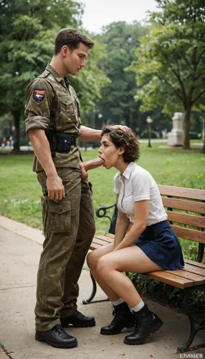 A bench in a park, sunny day, woman sitting on the bench, light summer clothing, short skirt and blouse, man standing next to the bench, man is a soldier, soldier wearing military field uniform, his uniform trousers are open, (open fly), normal penis, blowjob, penis in woman's mouth, woman and man are both 18 years old, soldier has short hair, full body view, full body foto, Full Body view including the Face of the soldier, further soldiers in the background