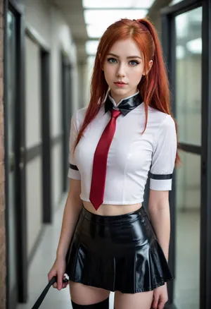 beautiful slim petite girl, 20 years old, red hair, long hair, ponytail, micro white latex shirt knotted, black latex micro skirt, short skinny clothes, latex choker, student uniform, student, college entrance
