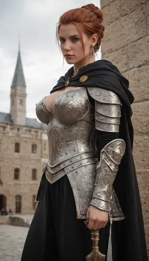 Aveline Vallen from Dragon Age II, tall and imposing warrior with a strong athletic build, fair skin, auburn hair tied back for battle, piercing blue eyes, expression stern but protective, large bimbo breasts. Wearing her iconic heavy armor, steel plate with red and silver detailing, cloak bearing Kirkwall’s crest. Standing proudly in a city courtyard or atop Kirkwall’s walls. Ultra-realistic high fantasy art, highly detailed, cinematic heroic atmosphere, commanding and noble presence.