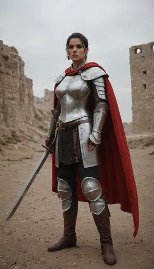 Cassandra Pentaghast from Dragon Age, Inquisition, tall and imposing warrior with a strong athletic build, olive-toned skin, short black hair, sharp brown eyes, stern but noble expression, large bimbo breasts. Wearing her iconic Seeker armor, black and silver plate armor with red accents and the Seeker insignia, heavy gauntlets and boots, long flowing cape. Armed with a longsword, standing with disciplined posture. Background of a battlefield, Chantry courtyard, or Inquisition war council chamber. Ultra-realistic high fantasy art, highly detailed, cinematic heroic atmosphere, commanding presence.