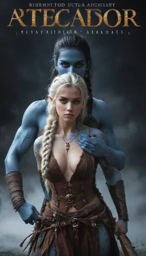 female drow elf barbarian, (dark night blue skin:1.82), (crystal white hair to waist, braided with gold jewelery:1.16), tall, angry, busty, curvy, thin waist, big boobs, big butt, slim, athletic, fit, vitiligo, strong, fur pelt armor, dungeons and dragons, purplish blue skin, black and purple hair, Dark, Elf, Warrior, Drow, tattooed, scarred, purple eyes, uberfit, muscular, blue skin, amazon, giant, fur barbarian armor, bloody, blood spatter, bear, bear heart, zavy-brbrn, defeating a woman in combat, fighting, killing, blood, winning fight, magazine cover, Realism_Quality_2xx_By_Stable_Yogi, score_9, score_8_up, score_7_up, (((very pretty face:1.3))), (((extremely ultra detailed face:1.3))), perfect fingers and hands, upper body view, (extreme size difference:1.6), (ultra realistic), (maximum quality), (high resolution), (extreme detail), (ultra realism), UHD, super high quality, highly detailed, high resolution, perfect lighting, natural lighting, Uber realistic, ultra detailed, masterpiece, 35mm photograph, film, professional, 4k, hdr, photographic, ultra realistic, ultra high details, back light, (dynamic pose), (dynamic angle), (random angle), (random pose), (dynamic view), (random view), best quality, volumetric lighting, golden hour lighting, dramatic shadows, rich details, nature-inspired color palette, <lora:Dark_Elf_Warrior:2>, <lora:Drow:2>, <lora:339100_training_data:2>, <lora:uberfit_lora_sdxl:2>, <lora:zavy-brbrn-sdxl:.5>