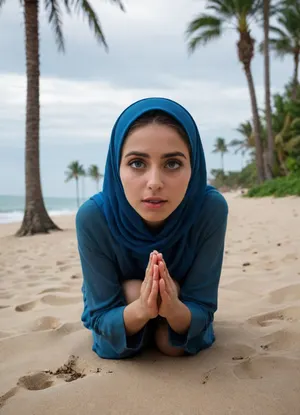 18 years old, Cinematic shot of the viewer looking down at a submissive girl kneeling before him. She looks up with big innocent eyes. The first person perspective immerses the viewer in this sloppy, respectful blowjob. 4k epic detail, shot on Kodak, 35mm, tight focus, high budget, CinemaScope, moody, epic, gorgeous, film grain, grainy, 9 rating, 8 rating up, 7 rating up, rating, explicit, kneeling, submissive, big eyes, sea, sun, sand, palm trees, muslim, transparent blue hijab, open body