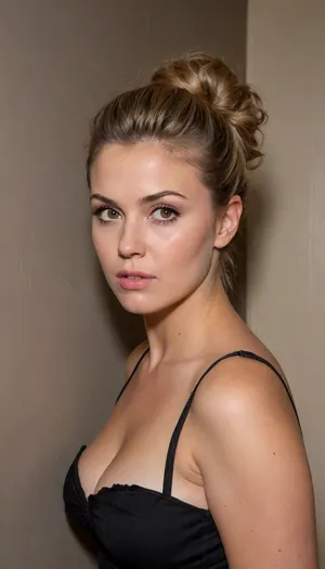 POV, naked, (breast focus:1.4), ((furrowed brow:1.5), looking at viewer, ((face focus)), an insanely hot curvy innocent-looking 23yo housewife against wall in bedroom, ((pushed back flat)), ((view in front)), ((dark blonde messy updo beehive haircut)), (((Her head is thrown back against the wall with the back of her head))), ((full-face view))), (massive breasts:1.3), <lora:chest_adjust:1.3>