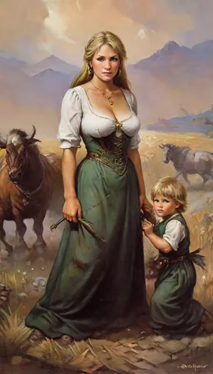 (((a peasant woman in a medieval green dress, corsage, white blouse, neckline, blonde, a cuhubby mature woman of 50 years old, with huge breasts, wide hips, gergeous ass and a shaggy cunt, works in the field with her little young son))), ((oktoberfest dress)), (((masterpiece, the best quality))), (wheat field, ears, sickle, sheaves), k3nk3lly, <lora:k3nk3lly:.5>, Art, by, Boris, Vallejo, Style, <lora:Fantasy_art_XL_V1:.5>, fr4z3tt4, <lora:fr4z3tt4:.5>, fantasy, <lora:FDXLFantasyStyleV2:.5>, <lora:220437_training_data:.5>