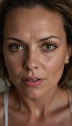 Lubica stepaunt, 60 years old, milf, wrinkles, wrinkled skin, stretchmarks, mature hair, light brunette hair, (piercing amber color eyes:1.4), looking directly at the camera, direct eye contact, smiling eyes, (symmetrical face), big plump juicy lips, lips parted, playful mood, bright-eyed, piercing gaze, intense gaze, wide open eyes, **hyper-detailed irises**, highly detailed skin, natural skin texture, human skin, detailed skin pores, realistic skin, imperfect skin, subtle blemishes, beauty marks, stretch marks, olive skin, aged skin, fine lines, (tanlines:1.3), tan lines, laugh lines, sun-kissed skin, chubby round face, chubby cheeks, subtle makeup, red lipstick, subtle contouring, facing the camera, slightly turned, simple background, shallow depth of field, (((UHD 8K, masterpiece, best quality, maximum details, natural lighting, extreme realism, cinematic still))), RAW photo, subject, (high detailed skin:1.1), 8k uhd, soft lighting, high quality, film grain, Fujifilm XT3, ((high quality, 4k, realistic, high detailed, insanely detailed, real, best quality, ultra-detailed, fine detail, professional photography, taken with Canon EOS 5D Mark IV DSLR, aperture f/8, shutter speed 1/250 sec, ISO 100, highres, 8k wallpaper, cinematic lighting, masterpiece, heavily upvoted)), ((masterpiece)), high detail, complex details, OverallDetail, perfect lighting, professional realistic photo