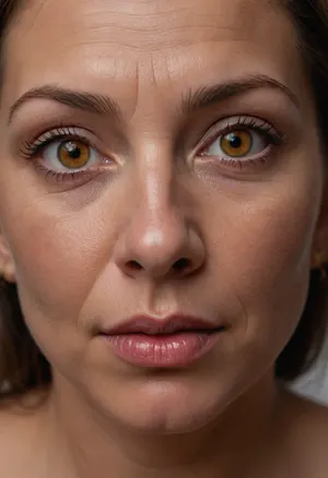 Lubica stepaunt, 60 years old, milf, wrinkles, wrinkled skin, stretchmarks, mature hair, light brunette hair, (piercing amber color eyes:1.4), looking directly at the camera, direct eye contact, smiling eyes, (symmetrical face), big plump juicy lips, lips parted, playful mood, bright-eyed, piercing gaze, intense gaze, wide open eyes, **hyper-detailed irises**, highly detailed skin, natural skin texture, human skin, detailed skin pores, realistic skin, imperfect skin, subtle blemishes, beauty marks, stretch marks, olive skin, aged skin, fine lines, (tanlines:1.3), tan lines, laugh lines, sun-kissed skin, chubby round face, chubby cheeks, subtle makeup, red lipstick, subtle contouring, facing the camera, slightly turned, simple background, shallow depth of field, (((UHD 8K, masterpiece, best quality, maximum details, natural lighting, extreme realism, cinematic still))), RAW photo, subject, (high detailed skin:1.1), 8k uhd, soft lighting, high quality, film grain, Fujifilm XT3, ((high quality, 4k, realistic, high detailed, insanely detailed, real, best quality, ultra-detailed, fine detail, professional photography, taken with Canon EOS 5D Mark IV DSLR, aperture f/8, shutter speed 1/250 sec, ISO 100, highres, 8k wallpaper, cinematic lighting, masterpiece, heavily upvoted)), ((masterpiece)), high detail, complex details, OverallDetail, perfect lighting, professional realistic photo