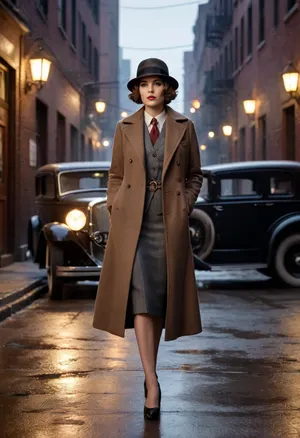 Dottie Bacon from Empire of Sin, tough and intimidating mob boss from Prohibition-era Chicago. Strong and stocky build, stern expression with sharp eyes, short wavy brown hair tucked under a cloche hat. Wearing a 1920s gangster outfit, tailored pinstripe suit with vest and tie, long overcoat, and polished shoes. Holding a Thompson submachine gun, exuding ruthless confidence. Standing in a dimly lit alleyway with vintage cars, neon signs, and speakeasy doors glowing behind her, smoky noir atmosphere. Ultra-realistic 1920s art deco style, highly detailed, cinematic dramatic lighting, gritty and dangerous mood.