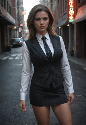 Dottie Bacon from Empire of Sin, tough and intimidating female gangster from Prohibition-era Chicago. Strong and stocky build, stern expression with sharp eyes, short wavy brown hair, large bimbo breasts. Wearing a 1920s gangster outfit, tailored pinstripe suit with vest and tie, short skirt, and long overcoat. Exuding ruthless confidence. Standing in a dimly lit alleyway with antique cars, neon signs, and speakeasy doors glowing behind her, smoky noir atmosphere. Ultra-realistic 1920s art deco style, highly detailed, cinematic dramatic lighting, gritty and dangerous mood.