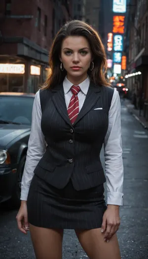 Dottie Bacon from Empire of Sin, tough and intimidating female gangster from Prohibition-era Chicago. Strong and stocky build, stern expression with sharp eyes, short wavy brown hair, large bimbo breasts. Wearing a 1920s gangster outfit, tailored pinstripe suit with vest and tie, short skirt, and long overcoat. Exuding ruthless confidence. Standing in a dimly lit alleyway with antique cars, neon signs, and speakeasy doors glowing behind her, smoky noir atmosphere. Ultra-realistic 1920s art deco style, highly detailed, cinematic dramatic lighting, gritty and dangerous mood.