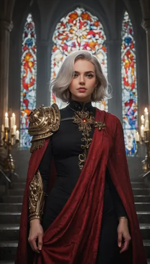 Beautiful but battle-hardened Adepta Sororitas, Sister of Battle from Warhammer 40k. Strong and elegant female warrior, pale skin with flawless features, sharp eyes burning with holy zeal. Wearing ornate black and silver powered armor adorned with purity seals, fleur-de-lis insignias, and red robes flowing beneath the armor. Short-cropped or shoulder-length hair, halo of divine light or glowing eyes symbolizing her faith. Armed with a bolter or flaming sword, standing amidst a ruined cathedral battlefield with stained glass shattered and holy fire burning. Ultra-realistic grimdark gothic art, highly detailed, cinematic lighting, epic and sacred atmosphere.