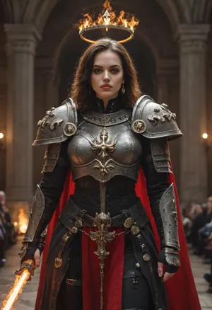 Beautiful but battle-hardened Adepta Sororitas, Sister of Battle from Warhammer 40k. Strong and elegant female warrior, pale skin with flawless features, sharp eyes burning with holy zeal. Wearing ornate black and silver powered armor adorned with purity seals, fleur-de-lis insignias, and red robes flowing beneath the armor. Short-cropped or shoulder-length hair, halo of divine light or glowing eyes symbolizing her faith. Armed with a bolter or flaming sword, standing amidst a ruined cathedral battlefield with stained glass shattered and holy fire burning. Ultra-realistic grimdark gothic art, highly detailed, cinematic lighting, epic and sacred atmosphere.