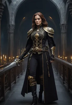 Beautiful female Rogue Trader from Warhammer 40k, tall and commanding with an aura of nobility and danger. Elegant yet battle-ready build, pale flawless skin, piercing eyes filled with ambition, long flowing hair styled regally. Wearing ornate voidsuit or high gothic coat with gilded trim, decorated with purity seals, rosettes, and aquila insignia. Armed with a master-crafted power sword in one hand and a plasma pistol in the other, standing confidently on the bridge of a massive voidship. Surrounded by gothic starship architecture, stained glass, servo-skulls, cogitators, and banners of the Imperium. Ultra-realistic grimdark gothic sci-fi art, highly detailed, cinematic lighting, atmosphere of wealth, faith, and ruthless power.