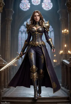 Beautiful female Rogue Trader from Warhammer 40k, tall and commanding with an aura of nobility and danger. Elegant yet battle-ready build, pale flawless skin, piercing eyes filled with ambition, long flowing hair styled regally. Wearing ornate voidsuit or high gothic coat with gilded trim, decorated with purity seals, rosettes, and aquila insignia. Armed with a master-crafted power sword in one hand and a plasma pistol in the other, standing confidently on the bridge of a massive voidship. Surrounded by gothic starship architecture, stained glass, servo-skulls, cogitators, and banners of the Imperium. Ultra-realistic grimdark gothic sci-fi art, highly detailed, cinematic lighting, atmosphere of wealth, faith, and ruthless power.