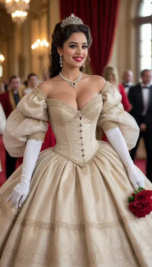 A stunningly beautiful Indian Bengali Princess shining with Royal Pomp and Regal Splendor, (happy laughing face:1), (big beautiful natural over flowing breasts:1.5), wearing a Stately and, (((Elaborate))), Royal Cinderella off-shoulders Ballgown of black and White Brocade, with, (((enormous puffed sleeves))), a stiffly boned, padded and corseted bodice, translucent dress an hourglass skinny waist, a, (((huge crinoline hoopskirt))), and, (((bustle))), adorned with ribbons, bows, roses, lace, ruffles, frills, embroidery, and jewels, dark red lips, puffy elaborately curled and styled hair, long white gloves, pearl and diamond necklace and earrings, holding her gown walking through red carpet in a crowded royal palace