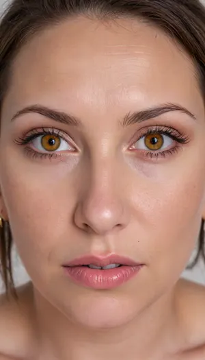 60 years old, milf, wrinkles, wrinkled skin, stretchmarks, mature hair, messy brunette hair, (piercing amber color eyes:1.4), looking directly at the camera, direct eye contact, smiling eyes, (symmetrical face), big plump juicy lips, lips parted, playful mood, bright-eyed, piercing gaze, intense gaze, wide open eyes, **hyper-detailed irises**, highly detailed skin, natural skin texture, human skin, detailed skin pores, realistic skin, imperfect skin, subtle blemishes, beauty marks, stretch marks, olive skin, aged skin, fine lines, (tanlines:1.3), tan lines, laugh lines, sun-kissed skin, round face, chubby cheeks, subtle makeup, red lipstick, subtle contouring, facing the camera, slightly turned, simple background, shallow depth of field, (((UHD 8K, masterpiece, best quality, maximum details, natural lighting, extreme realism, cinematic still))), RAW photo, subject, (high detailed skin:1.1), 8k uhd, soft lighting, high quality, film grain, Fujifilm XT3, ((high quality, 4k, realistic, high detailed, insanely detailed, real, best quality, ultra-detailed, fine detail, professional photography, taken with Canon EOS 5D Mark IV DSLR, aperture f/8, shutter speed 1/250 sec, ISO 100, highres, 8k wallpaper, cinematic lighting, masterpiece, heavily upvoted)), ((masterpiece)), high detail, complex details, OverallDetail, perfect lighting, professional realistic photo