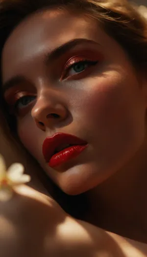 ziprealism, (elegant makeup, high fashion, extravagance, sophistication, reclining, seductive, alluring, sensual:1.6), (avant-garde experimental photography, ethereal lighting), (sharp focus on eyes, face closeup), (Dutch Angle), (dramatic lighting and shadows, light bloom, shallow depth of field, soft bokeh, layered composition with subtle foreground:1.4), (high saturation, rich colors), <lora:MJ52:.8>