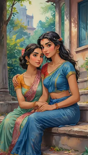 A romantic hand-drawn illustration of an Indian couple, (one male and one female couple), on streets of modern america. Close-up view, sitting together on steps outdoors. The woman is wearing an elegant saree, with large breast, large cleavage, voluptuous body type, stylish hair style. and the man is dressed casually in a t-shirt and denim jeans. They are sitting together playfully, looking directly at the viewer with joy, happy expressions. The man has his arms wrapped around her neck in a tender embrace, and the woman’s face is breathtakingly beautiful, radiating grace and charm. Their connection is deep and genuine, with the woman exuding beauty and serenity. romantic, poetic, artistic, gufeng influence, ink and wash textures, Saree, Indian, ac_neg1, Influencer, Model, j_cartoon, <lora:transparent-saree:.6>, <lora:sdxl_vae:.6>, <lora:J_cartoon:1>, <lora:detailed_notrigger:.8>, <lora:Sattar_Bahlulzade:1.4>