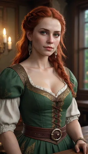 masterpiece, photorealistic, ultra realistic, 8k uhd, dslr, soft lighting, high detail, skin pores, sharp focus, cinematic, f/1.4, 85mm, A stunningly beautiful and charismatic portrait of Lohse from Divinity Original Sin 2, a slim yet athletic bard and adventurer. She has pale fair skin with freckles, and striking, expressive green eyes with a mischievous spark and a knowing glint. Her long, thick, wavy auburn hair with subtle white highlights cascades over her shoulders.

She has a full figure with large breasts. She is wearing her iconic colorful bardic attire, a detailed outfit with layered fabrics of deep red, emerald green, and gold trims, leather belts with pouches and a lute strap, and ornate silver jewelry and earrings.

A subtle, ethereal shadow flickers at the edges of the frame, hinting at her inner demonic possession. The background is a misty, candlelit fantasy tavern interior with wooden tables and a warm, magical glow.

professional photo, unreal engine 5 render, art by greg rutkowski and artgerm
