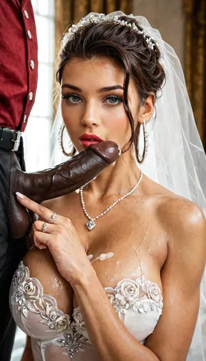 interracial, close up image of her hands and her wedding rings. 1 black man takes her hand close to the camera and cumshot on her wedding ring in her wedding ring finger. A bride holding her hand close to the camera, focusing on her hand and wedding ring, with clear detail on the ring.
An Iranian bride with curvy, busty features, visibly humiliated, with wet, sticky, glossy cum on her wedding ring and modern transparent wedding dress, surrounded by 3 muscular, aggressive, black-skinned African lux men with large black cocks. super modern strappy sheer wedding dress. she shows her wedding ring, which is glistening in glossy sticky cum to the camera.