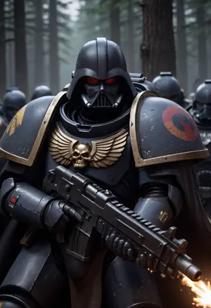 Darth Vader in a black space marine's power armor on the battlefield, fighting against Wookiee in the Star Wars forest, Knight, black colourful armor, black hooded cloak, holding, bolter, power, primaris, helmet, with defeated Wookiees in the background, <lora:primaris_marine-knight_armor-000007:.8>