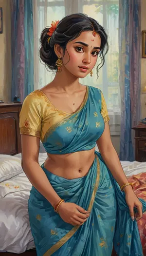 A hand-drawn illustration of an Tamil woman with an apple-shaped, (oval), body type, rounded figure, voluptuous and busty chest, wearing a thin transparent saree with a blouse and petticoat, her small cleavage subtly visible through the blouse and her round deep navel completely visible, where her saree drape not cover. She have Navel piercing. She have a lazy hairstyle. She lying back in bed, looking down with expressive eyes at the camera. The scene is captured from a low-angle, photo taken by her selfie stick pov, looking at her face and figure. The setting is a warmly lit indoor bed room with soft natural light not yellow lighting and no dark shadows, vibrant colors, and a realistic art style, highly detailed, cinematic composition, focusing on her face, navel and attire. romantic, poetic, artistic, gufeng influence, ink and wash textures, Saree, Indian, ac_neg1, Influencer, Model, j_cartoon, <lora:transparent-saree:.8>, <lora:sdxl_vae:.8>, <lora:J_cartoon:1.2>, <lora:detailed_notrigger:1>, <lora:Sattar_Bahlulzade:2>