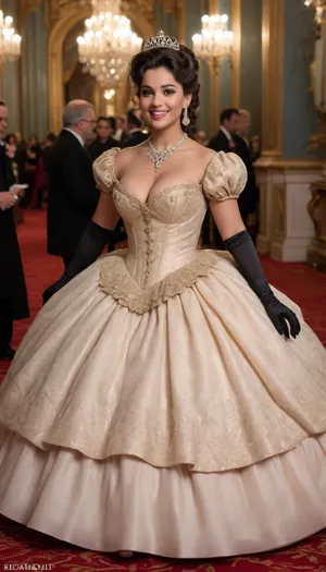 A stunningly beautiful Indian Bengali Princess shining with Royal Pomp and Regal Splendor, (happy laughing face:1), (big beautiful natural over flowing breasts:1.5), wearing a black Stately Royal Cinderella off-shoulders Ballgown of black and Brocade, with, (((enormous puffed sleeves))), a stiffly boned, padded and corseted bodice, translucent dress an hourglass skinny waist, a, (((huge crinoline hoopskirt))), and, (((bustle))), adorned with ribbons, bows, black roses, lace, ruffles, frills, embroidery, and jewels, black lips, black puffy curled and styled hair, long black gloves, pearl and diamond necklace and earrings, holding her gown walking through red carpet in a crowded royal palace