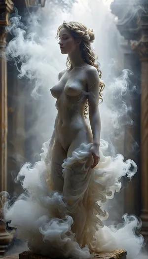 (masterpiece, best quality, ultra-detailed, cinematic lighting, 8k), upper body shot, (Ethereal marble Venus sculpture made of fog:1.2), stretching, myst, dissolved silhouette, curving hips and long hair made of fog, translucent particles glowing with dawn light, volumetric atmosphere, detailed marble texture, artistic macro photography, shallow depth of field, minimalist composition, (pale gold and pearl color palette), dark ancient museum background, chiaroscuro, (sculpture made of fog:1.3), in the style of MarbleStatueXL, msfg, sm0k3dr3ss, <lora:fog_creatures_v4:.5>, <lora:Smoke_Shesh_Dress_XL:.5>, <lora:MJ52:.5>, <lora:MarbleStatueXL:.5>