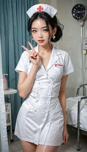 18 years old Chinese beauty with blue eyes, long black hair, hair bundled up, thin body with small breasts, white natural skin texture, wearing nurse uniform, white nurse hat, posing with love hand sign, in hospital VIP room, shu7, <lora:Shu7_XL_0_:.8>