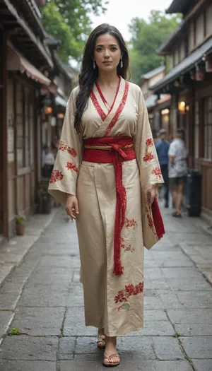 Old, mature samurai warrior woman, traditional samurai clothing, very long, wise hair, walking in a village market square.