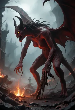 1woman, she-devil, demon, ugly, scary, dark, beast, uneasy, macabre, evil, goddess of hell, demonic, Black, wings, monster, scary creature, apocalypse, rapture, hell, hell on earth, apocolyptic scene of destruction, extremely intricate detail, best quality, view from side, award winning photo, <lora:demonXL:1.9>