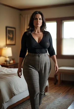 Photorealistic 8K image of a ssbbw mature woman with big wide hips and saggy breasts walking into a softly lit bedroom, facing the camera directly. She maintains the same body shape, outfit, and stride as the reference image, fitted black top, gray checkered pants, black platform shoes with wooden heels. Her hair is dark brown, straight, shoulder-length. Her face is that of a stunning 50-year-old woman with striking amber eyes and elegant features resembling Demi Moore—defined cheekbones, soft confident expression, and timeless beauty. She looks directly into the camera with poise. The bedroom is warmly lit, with soft shadows and cinematic depth. Ultra-detailed textures in skin, fabric, and lighting., <lora:MJ52:.8>