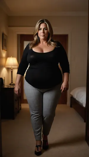 Photorealistic 8K image of a ssbbw mature woman with big wide hips and saggy breasts walking into a softly lit bedroom, facing the camera directly. She maintains the same body shape, outfit, and stride as the reference image, fitted black top, gray checkered pants, black platform shoes with wooden heels. Her hair is dark brown, straight, shoulder-length. Her face is that of a stunning 50-year-old woman with striking amber eyes and elegant features resembling Jennifer Aniston—defined cheekbones, soft confident expression, and timeless beauty. She looks directly into the camera with poise. The bedroom is warmly lit, with soft shadows and cinematic depth. Ultra-detailed textures in skin, fabric, and lighting.